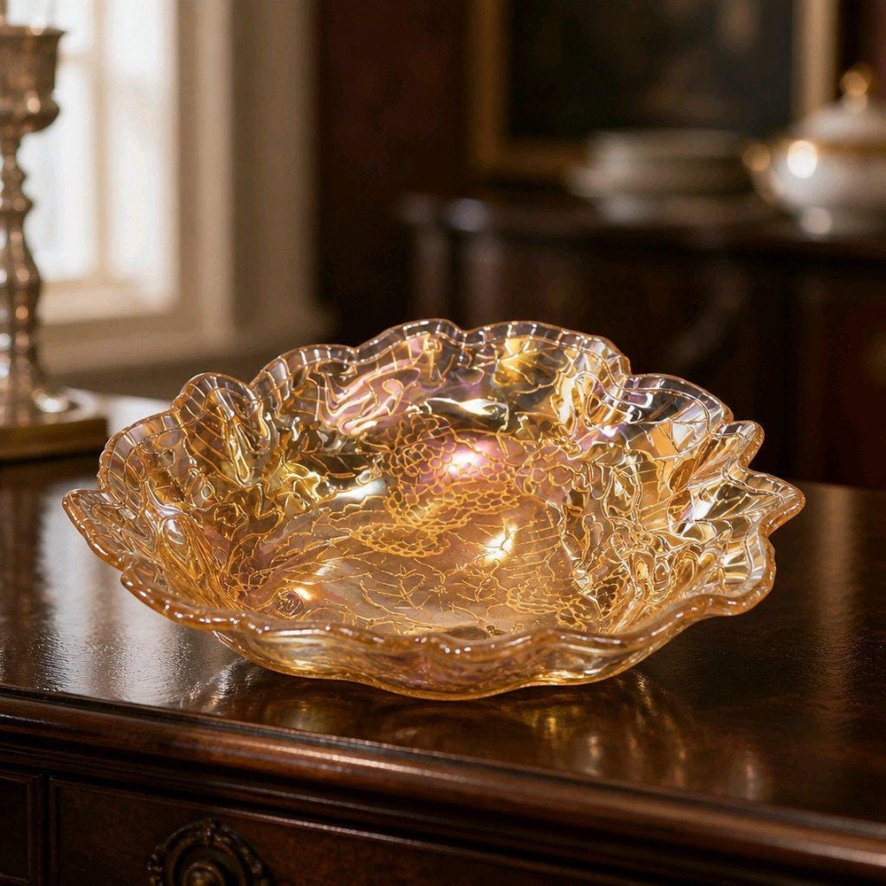Glass Candy Dish Indiana Glass Loganberry Pattern Marigold Carnival Glass